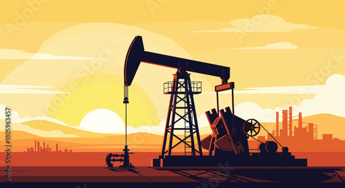 Oil pump jack silhouette against a vibrant sunset backdrop evokes energy production and industrial power, hinting at global energy solutions and modern industry