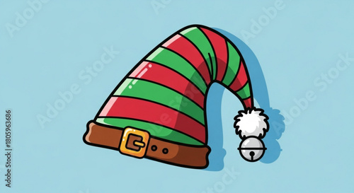 A festive elf hat with red and green stripes, a brown belt, and a fluffy pompom with a bell, perfect for adding a touch of holiday cheer to any design