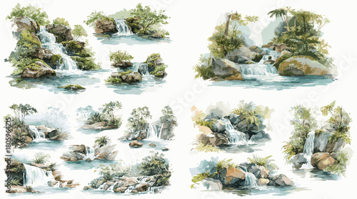 A peaceful watercolor set of waterfalls, rocks, and lush greenery, perfect for natural landscapes, travel themes, outdoor scenery, environmental art, and nature inspired illustrations.