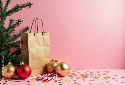Paper bag with ornaments and confetti, festive flatlay with candy cane and evergreen branch, pastel pink backdrop with copy space. Cheerful holiday mood. Christmas marketing and craft promotions