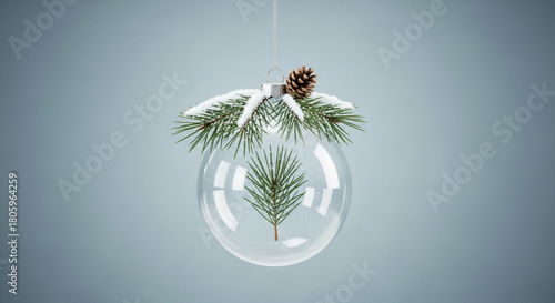 A captivating christmas ornament, a transparent glass sphere, delicately showcases a snowcovered pine branch and pinecone, suspended against a serene blue backdrop