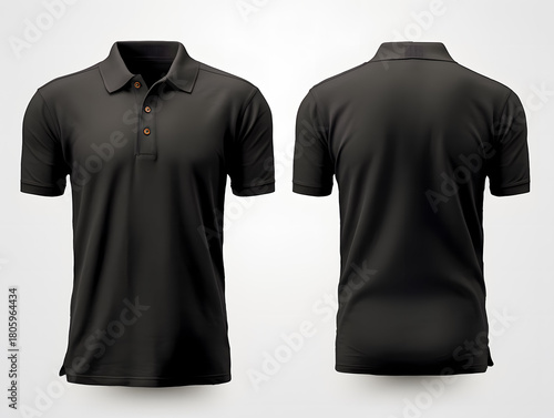 Blank black men's polo shirt mockup isolated on white background. Front and back view of a casual short sleeve tee template for design and branding.