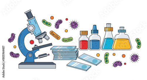 Microscope and scientific equipment with bacteria and viruses illustration, Generative AI.
