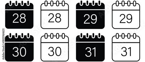 December 31st date. date 31, 28, 29, 30. Lip year date, Last Date of the month calendar icon set. New Year's Eve celebration. Vector illustration on white background. 