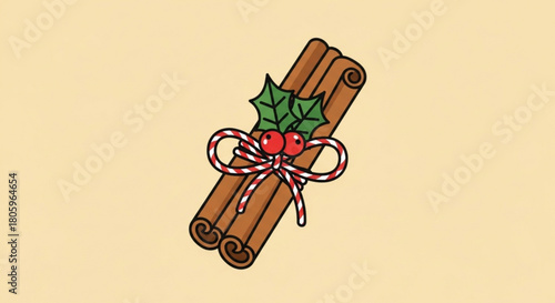 Charming illustration of cinnamon sticks tied with twine, adorned with holly leaves and berries, isolated on a light background, perfect for holidaythemed designs