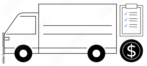 Delivery truck with a checklist and dollar icon symbolizes transportation, supply chain, financial planning, shipping, inventory, cost management, and logistics efficiency. Ideal for business