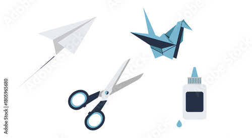 Origami paper crafts scissors and glue bottle illustration, Generative AI.