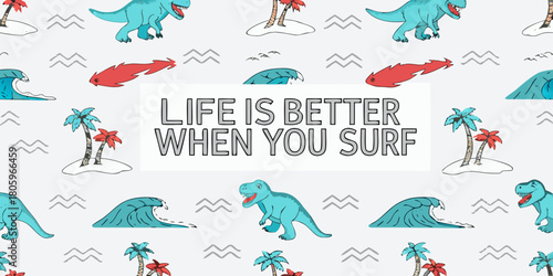 Funny cartoon dinosaurs and tropical islands with palm trees and ocean waves on a light background with text