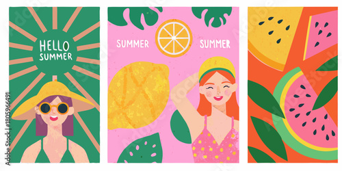 Vibrant summer triptych featuring happy people fruits and tropical leaves