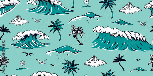 Tropical island seamless pattern with crashing waves palm trees and seagulls on a turquoise background