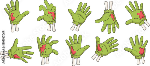Cartoon zombie hands collection with green skin, exposed bones, wounded textures, spooky gesture poses, vector illustration set for Halloween designs