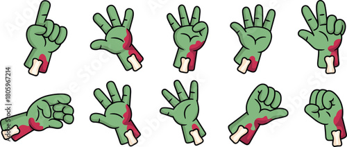 Cartoon zombie hands showing different gestures with bones exposed, creepy Halloween undead hand signs illustration for horror design and spooky graphics