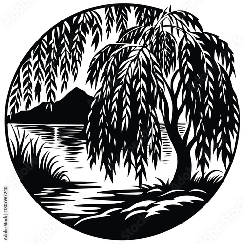 Willow Tree Silhouette Vector for Calm Nature, Meditation, and Poetic Design