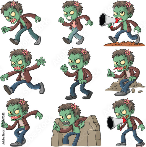 Cartoon zombie character in multiple action poses including running, shouting, attacking and hiding, fun spooky Halloween undead illustration for horror designs Cartoon zombie character