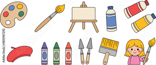 Colorful art tools and cute girl artist illustration featuring palette brushes crayons canvas paint tubes and creative drawing supplies for kids design projects