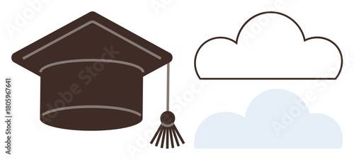 Graduation cap alongside clouds signifies educational ambitions, success, and limitless potential. Ideal for education, achievement, aspiration, goal setting, academic excellence, future planning