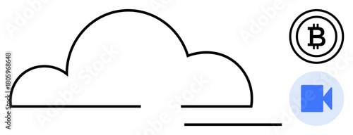 Cloud outline with Bitcoin token and video call icon symbolizes blockchain, remote collaboration, and digital storage. Ideal for fintech, communication, innovation, blockchain, virtual work, cloud