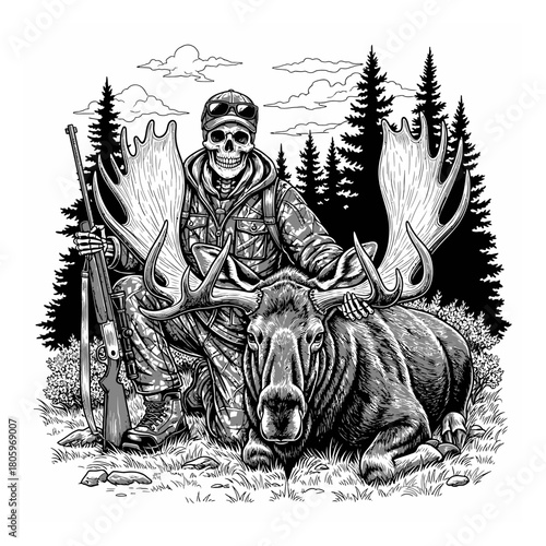 Monochrome illustration of skeleton hunter with rifle posing proudly with a huge hunted moose in forest