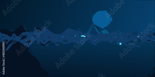 Abstract dark blue landscape with a large blue circle representing the moon or sun over jagged mountains and water