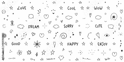 Collection of hand drawn doodle elements including stars hearts clouds and positive words like love and happy