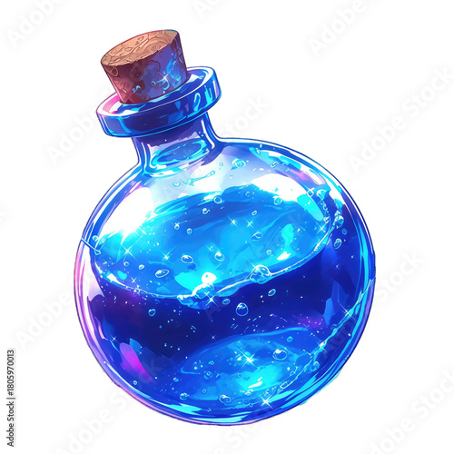Round magic potion bottle filled with vibrant blue liquid and bubbles, illustrated in a fantasy style, perfect for alchemy or game concept art.