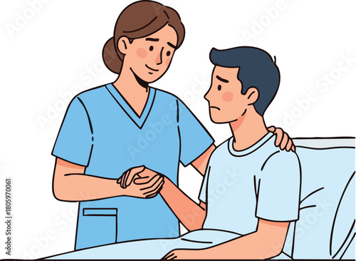 Illustration of a female nurse comforting a male patient sitting on a hospital bed with a gentle gesture.