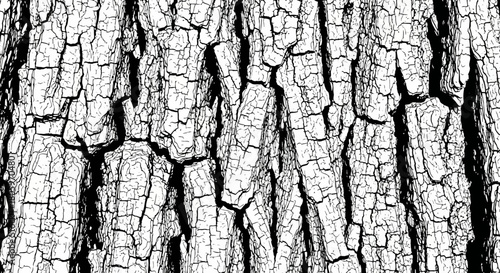 Detailed black and white illustration of tree bark texture.