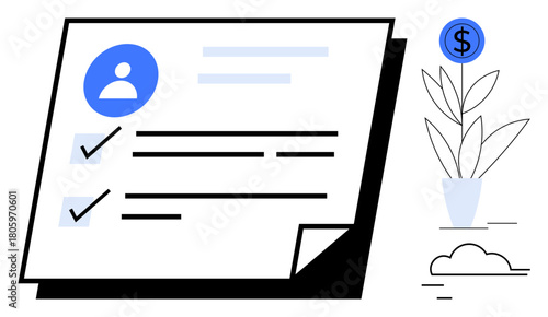 User profile with checklist ticks, document concept paired with a money plant growing a dollar sign. Ideal for task management, goal achievement, growth strategy, productivity, personal finance