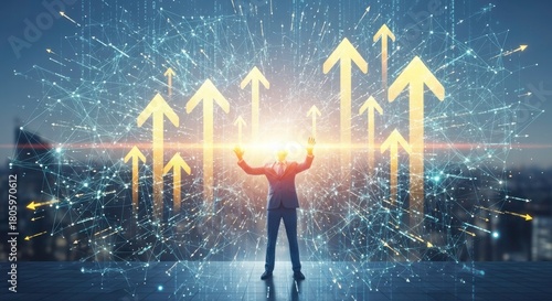 Vision of Growth: A silhouette of a business person stands atop a city skyline, arms outstretched toward upward-pointing arrows, symbolizing growth and progress