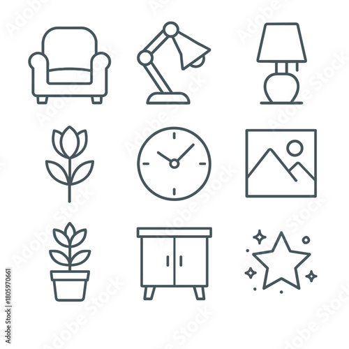 Essential home decor and general item outline icons collection