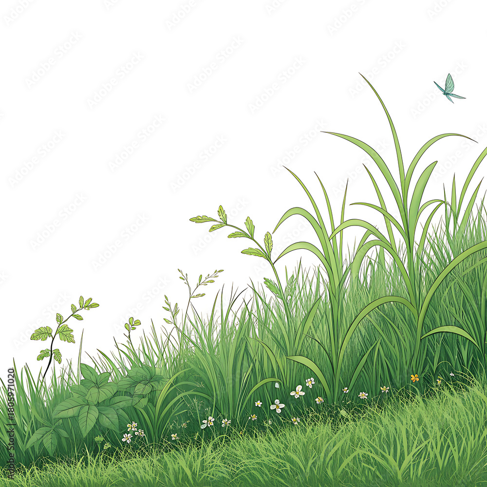 Obraz premium Lush green grass and plants with a bird flying in the sky