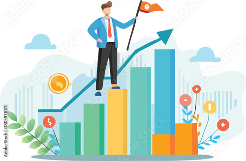 Illustrator graphic of a determined entrepreneur standing triumphantly atop a rapidly ascending financial graph symbolizing growth and success in business