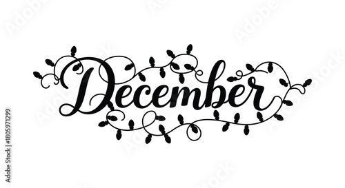 Elegant calligraphy of the word december intertwined with festive christmas lights and decorative swirls