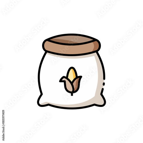 Vibrant cartoon illustration of a humble corn sack, depicting agricultural produce ready for harvest or storage, a staple food grain represented with simple lines and appealing colors