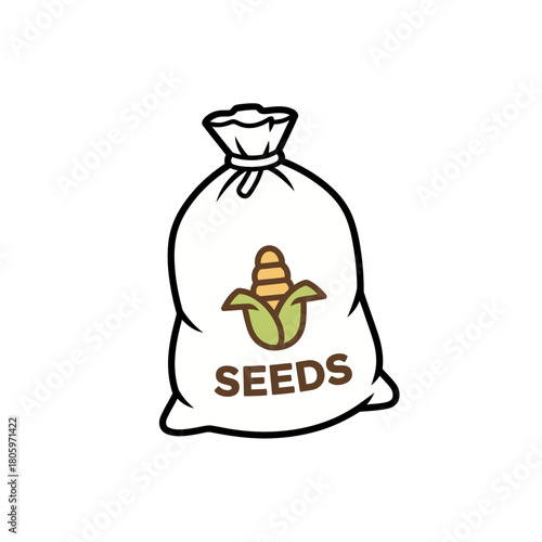 A charming hand-drawn vector icon of an agricultural seed sack featuring a vibrant corn cob emblem, symbolizing planting, growth, and a bountiful harvest for sustainable farming