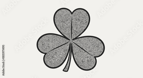 Monochrome textured three leaf clover illustration on white.