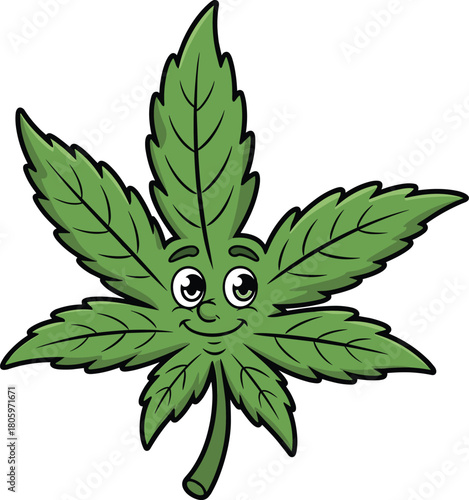 Cartoon cannabis leaf, smiling marijuana leaf, cute weed character, happy hemp plant, anthropomorphic ganja leaf, friendly pot illustration, isolated white background