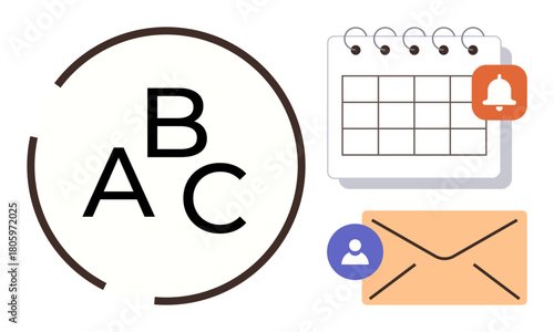 Letters A, B, C and symbols representing organization, communication, and scheduling. Ideal for education, reminders, email notification planning professional settings collaboration. Simple flat