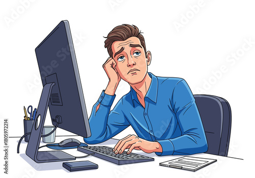 Bored young professional man struggling with work at computer in office setting