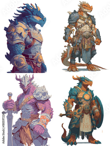 A set of fantasy dragon warrior characters with detailed armor and strong heroic poses, ideal for game concepts, storytelling art, mythical illustrations, and adventure themed designs.
