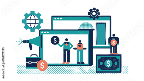 Illustration of diverse marketers collaborating and strategizing while running a programmatic advertising campaign showcasing growth and digital marketing success