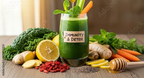 Immunity and Detox: A vibrant green smoothie alongside fresh ingredients such as ginger, lemon, and chia seeds, promoting health and wellness, showcasing the body's natural defense mechanism.