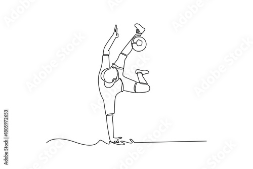 Continuous one line drawing man soccer freestyle athlete performing challenging one-handed handstand, balancing ball on his foot. Acrobatics pose. Single line draw design vector graphic illustration