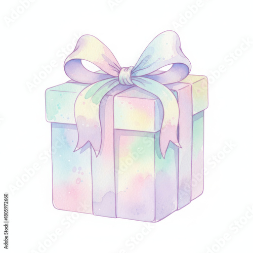 Delightful gift box, wrapped soft pastel hues, showcases vibrant rainbow ribbon bow. gentle watercolor style conveys immense joy and happy anticipation. It radiates precious surprise