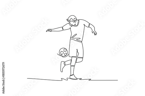 Single one line drawing young man soccer freestyle athlete bouncing ball off his foot with focused balance. Skill and dynamic control of sport. Continuous line draw design graphic vector illustration
