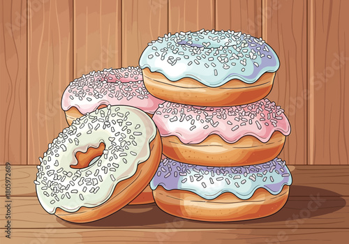 Sweet donuts with sprinkles and icing on a wooden table for a delightful treat