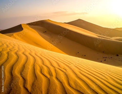 Fototapeta Naklejka Na Ścianę i Meble -  Golden desert landscape with rippling sand dunes, illuminated by sunset