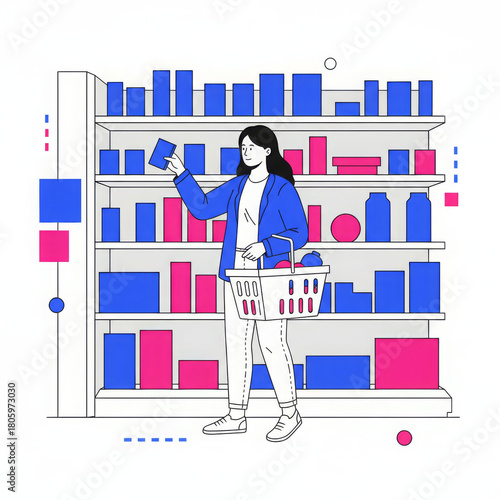 Thoughtful woman engages in retail shopping at modern supermarket, carefully selecting product from well stocked shelf and placing it in her basket as valued customer