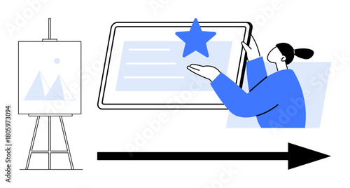 Person showcasing content on a tablet alongside a presentation board and forward arrow. Ideal for innovation, education, marketing, strategy, business growth, creativity, progress. Minimal flat