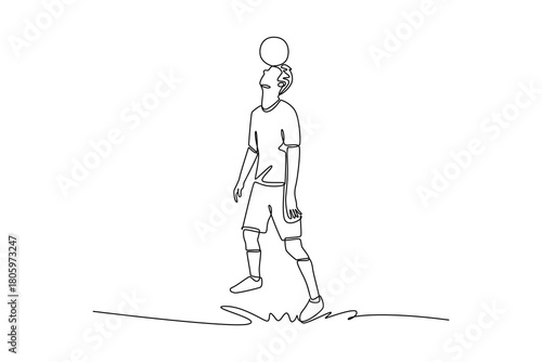 Continuous one line drawing man soccer freestyle athlete expertly balancing ball on his forehead while standing upright. Precise control and focus. Single line draw design vector graphic illustration